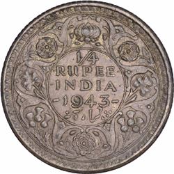 Silver Quarter Rupee Coin of King George VI of Calcutta Mint of 1943.