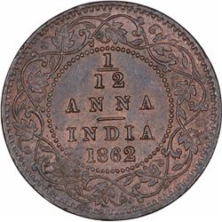 Copper One Twelfth Anna Coin of Victoria Queen of Calcutta Mint of 1862.