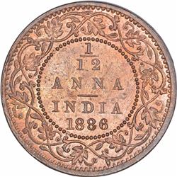 Copper One Twelfth Anna Coin of Victoria Empress of Bombay Mint of 1886.
