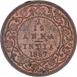 Copper One Twelfth Anna Coin of Victoria Empress of Calcutta Mint of 1887.