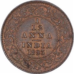 Copper One Twelfth Anna Coin of Victoria Empress of Calcutta Mint of 1893.