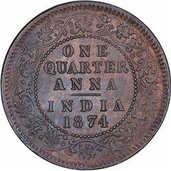 Rare Copper One Quarter Anna Coin of Victoria Empress of Calcutta Mint of 1874.