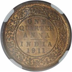Copper One Quarter Anna Coin of King George V of Calcutta Mint of 1911.