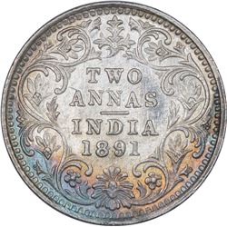 Silver Two Annas Coin of Victoria Empress of Bombay Mint of 1891.