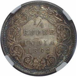 Silver Quarter Rupee Coin of Victoria Queen of Calcutta Mint of 1862.