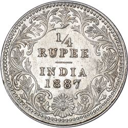 Silver Quarter Rupee Coin of Victoria Empress of Calcutta Mint of 1887.