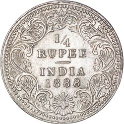 Silver Quarter Rupee Coin of Victoria Empress of Calcutta Mint of 1888.