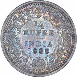 Silver Quarter Rupee Coin of Victoria Empress of Calcutta Mint of 1889.