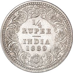 Silver Quarter Rupee Coin of Victoria Empress of Calcutta Mint of 1889.