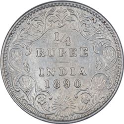 Rare Silver Quarter Rupee Coin of Victoria Empress of Bombay Mint of 1890.