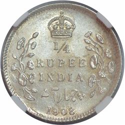 Silver Quarter Rupee Coin of King Edward VII of Calcutta Mint of 1908.