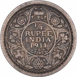 Silver Quarter Rupee Coin of King George V of Calcutta Mint of 1911.