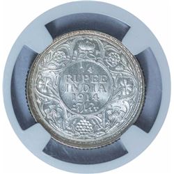Silver Quarter Rupee Coin of King George V of Bombay Mint of 1914.