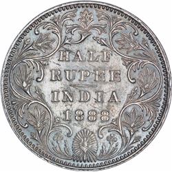 Silver Half Rupee Coin of Victoria Empress of Bombay Mint of 1888.