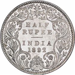 Silver Half Rupee Coin of Victoria Empress of Bombay Mint of 1892.