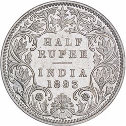 Silver Half Rupee Coin of Victoria Empress of Bombay Mint of 1893.