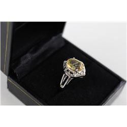 STERLING SILVER OVAL CITRINE RING SET WITH 4 DIAMONDS, LIVELY YELLOW/ ORANGE, RETAIL VALUE $425