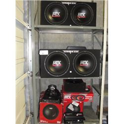 LARGE LOT OF 4 SHELVES OF MTX SPEAKERS, SPEAKER BOXES AND AMPLIFIERS