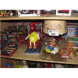 SHELF LOT OF M&M TOYS, DIECAST CARS, PEZ DISPENSORS AND MORE