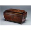 Image 1 : ENGLISH BRASS STRUNG ROSEWOOD TEA CADDY, of sarcophagus form with lion's mask ring handles on bun...