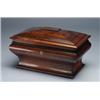 Image 1 : ENGLISH ROSEWOOD TEA CADDY, of waisted sarcophagus form, the hinged top enclosing a fitted interi...