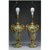 Image 1 : PAIR OF FRENCH ORMOLU MOUNTED GREEN MARBLE TABLE LAMPS, of ovoid form with ram's head handles hun...