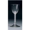 Image 1 : ENGLISH OPAQUE WHITE TWIST STEM WINE GLASS, the round funnel bowl on an opaque white multi-ply sp...