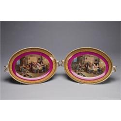 PAIR OF PRATTWARE TWO-HANDLED COMPORTS, each oval dish printed in colours with a central medallio...