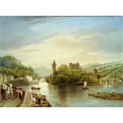 ENGLISH PORCELAIN RECTANGULAR PLAQUE, painted in colours with a continental river landscape, figu...