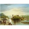 Image 1 : ENGLISH PORCELAIN RECTANGULAR PLAQUE, painted in colours with a continental river landscape, figu...