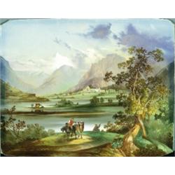 ENGLISH PORCELAIN RECTANGULAR PLAQUE, painted in colours with a view of Tintern Abbey across the...
