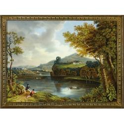 ENGLISH PORCELAIN RECTANGULAR PLAQUE 'THE RUIN'D FORTRESS', painted in colours with boys fishing...