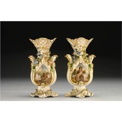 PAIR OF DERBY SPILL VASES, of ovoid form, applied and painted with flowers and foliage above pane...