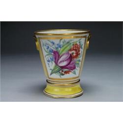 COALPORT YELLOW-GROUND CACHEPOT AND STAND, with moulded ring handles, painted in colours with a l...
