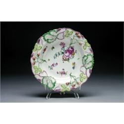 LONGTON HALL STRAWBERRY-MOULDED SOUP PLATE, painted on the centre with a colourful floral bouquet...