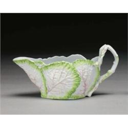 LONGTON HALL LETTUCE LEAF SAUCE BOAT, moulded with overlapping leaves and applied with a bifurcat...