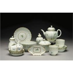 WORCESTER TEA SERVICE, each piece fluted and painted with green floral sprigs and gilt borders, c...