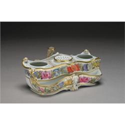 FLIGHT & BARR INKSTAND, of moulded scroll-edged oblong form, painted in colours with floral and f...