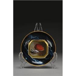 FLIGHT & BARR WORCESTER MARBLED-GROUND SAUCER, painted in colours with a panel of shells and seaw...