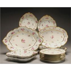 BARR FLIGHT & BARR DESSERT SERVICE, each piece painted in colours with pink wild roses and blue f...