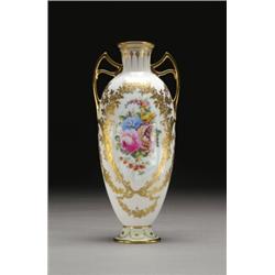 ROYAL DOULTON TWO-HANDLED URN, the ovoid body painted in colours with a floral spray within a rib...