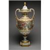 Image 1 : FRENCH EARTHENWARE TWO HANDLED LARGE VASE AND COVER, painted in colours with a scene of lovers in...