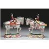 Image 1 : PAIR OF DUTCH DELFT FIGURES ON HORSEBACK, each with an eighteenth century suited gentleman in tri...