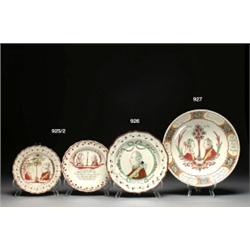 TWO DUTCH-DECORATED ENGLISH CREAMWARE ORANGIST SMALL PLATES, with moulded scroll rims, painted in...