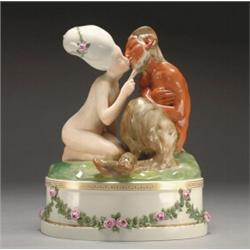 ROYAL COPENHAGEN 'NYMPH AND FAUN' FIGURAL GROUP, modelled by Gerhard Henning, painted in colours...