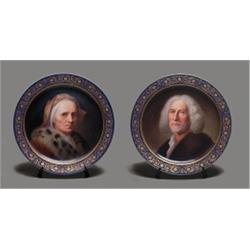 PAIR OF VIENNA-DECORATED LARGE CIRCULAR PORTRAIT PLAQUES, painted in colours after Baltasar Denne...