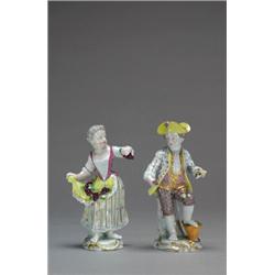 PAIR OF MEISSEN FIGURES, modelled as a girl harvesting grapes or a boy picking flowers painted in...