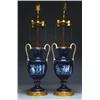 Image 1 : PAIR OF MEISSEN BLUE-GROUND TWO-HANDLED VASES, as table lamps, each body finely painted in white...