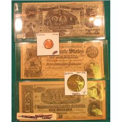 (3) Counterfeit  Confederate States of America  Bank notes including a $500 note; 1976 Civil War Tok