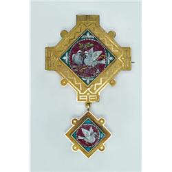 19TH CENTURY 14K YELLOW GOLD BROOCH/PENDANT, set with 2 fine diamond-shaped micro-mosaic panels d...